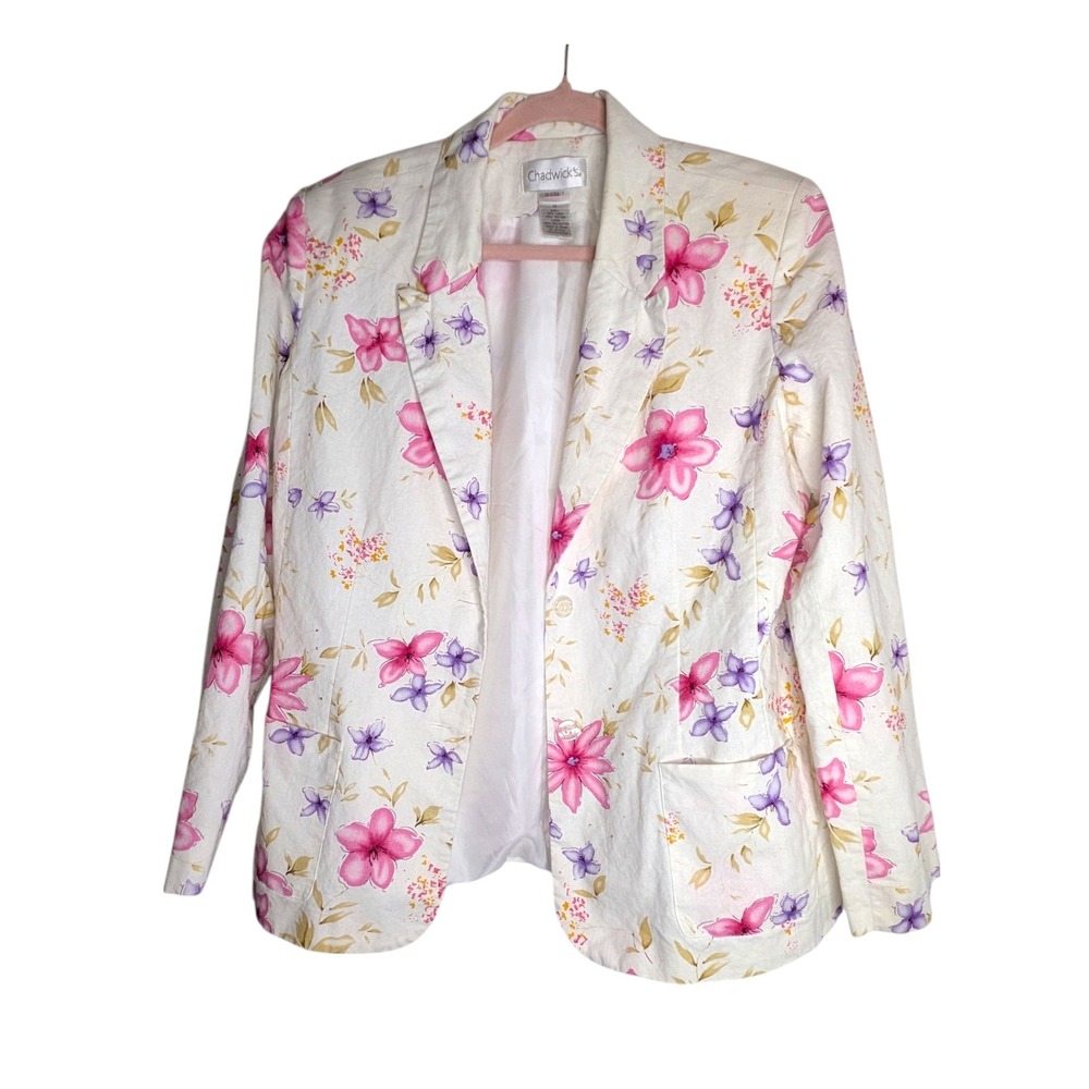 Vtg Chadwicks Linen Cotton Floral Blazer Pink Purple Jacket Lightweight Size 14